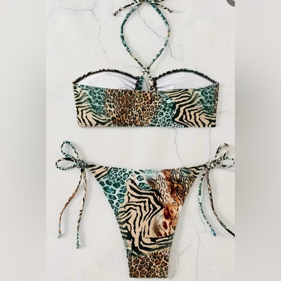 Leopard Zebra Print Bandeau Side Tie Bikini Set - Picture 3 of 8